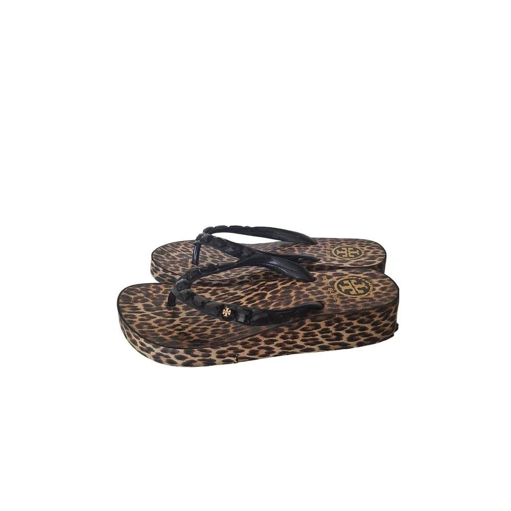 Tory Burch Leopard Print Wedge Platform Flip Flops Studded Black Straps Size 9.5